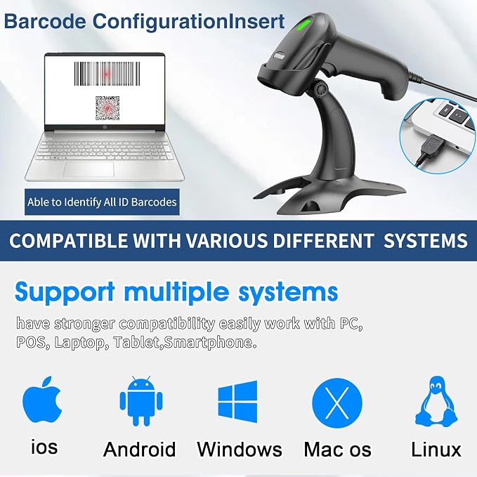 Symcode Barcode Scanner with Stand USB Wired Inventory 2D 1D QR Code Scanner - Image 4