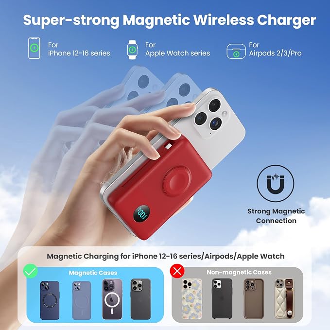 Magnetic Portable Charger for MagSafe with Built-in Cable,iWatch Charger,10800mAh Wireless Power Bank Travel Essentials,25W PD Fast Charging Battery Pack for iPhone 17/16/15/14/13/12,Apple Watch-Red - Image 6