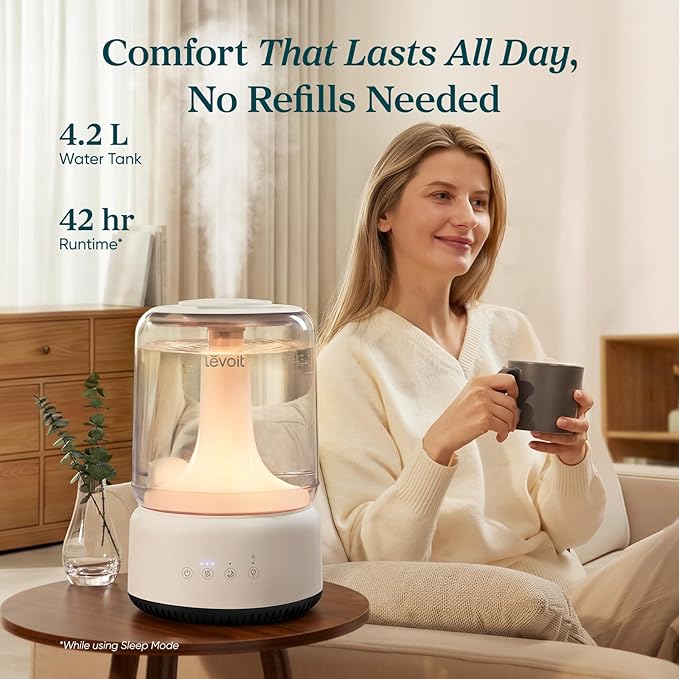 LEVOIT Humidifiers for Bedroom, 4.2L Top Fill for Large Room with 42H Runtime, Dishwasher Safe Design Easy to Clean, 21dB Quiet Cool Mist for Baby, Plants, Night Light, Essential Oil Diffuser, White - Image 3