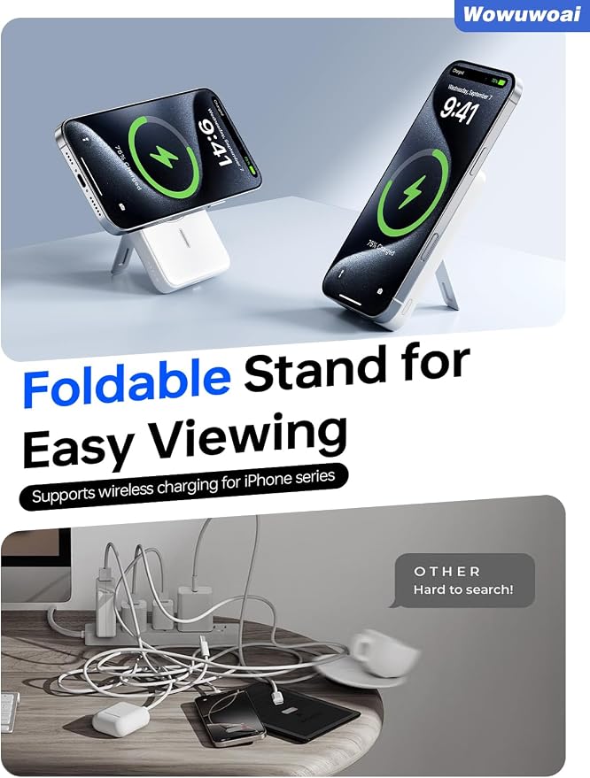 for Magsafe Portable Charger, 10000mAh Wireless Power Bank with Stand, USB C PD 20W Fast Charging Powerbank, Magnetic Battery Pack Compatible for iPhone 17/16/15/14/13/12 Series - White - Image 6