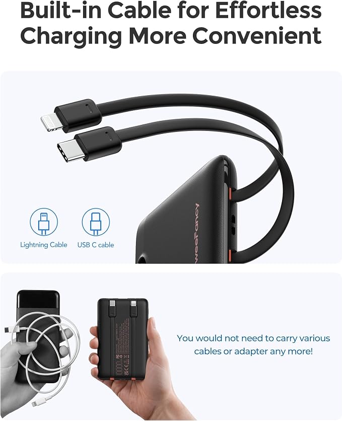 WeeFancy Mini Portable Charger with Built-in Cables 22.5W Fast Charging Power Bank USB-C Small Battery Pack 10000mAh Travel Essential Slim Battery for iPhone 17/16/15/14, Samsung 25/24, and More - Image 3