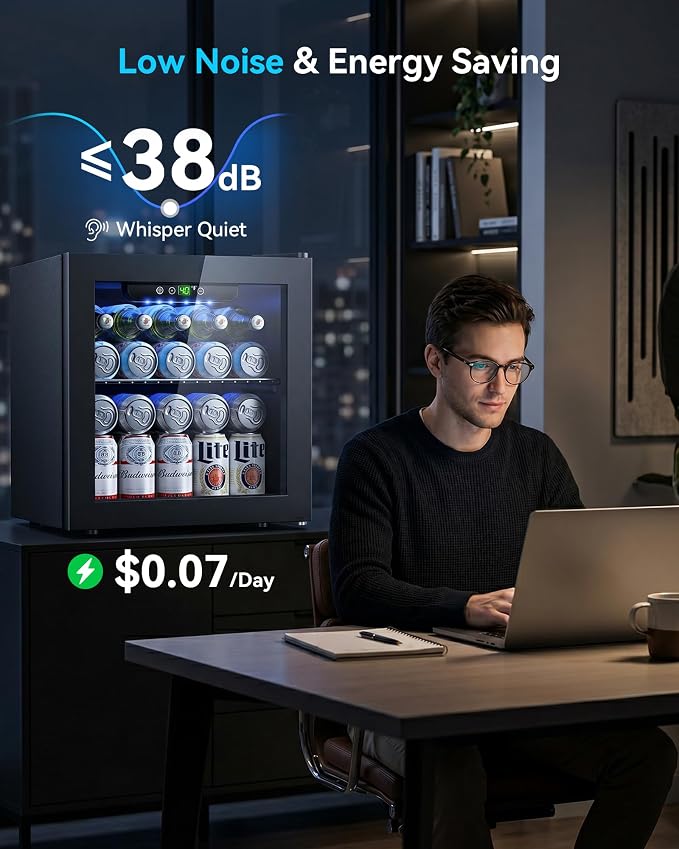 Feelfunn 50 Can Beverage Refrigerator, 1.3CuFt Mini Fridge with Glass Door | 40-61°F, ≤38dB, fast even cooling, removable shelf. For soda, beer, wine, 50 cans or 12 bottles in bedroom, office, dorm - Image 4