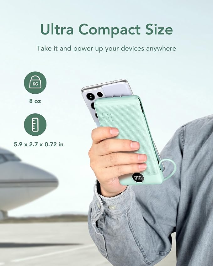 VEGER Portable Charger with Built-in AC Plug and Cables, All in One 10000mAh Ultra Slim Power Bank Travel Essentials, Fast Charging Battery Pack Compatible with iPhone, Samsung, Android (Green) - Image 8