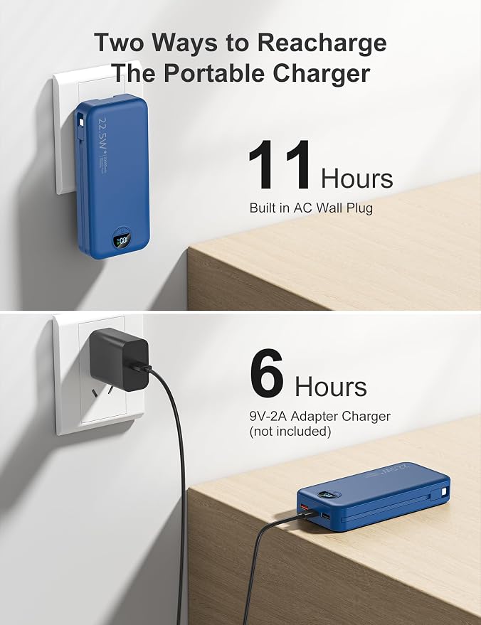 20000mAh Ultra-Portable-Charger-Power-Bank with Built in Cables&AC Wall Plug,PD20W USB-C Fast Charging Cell Phone Charger Battery Pack,LED Display Travel Battery Bank for All iPhone,Samsung,Android - Image 5