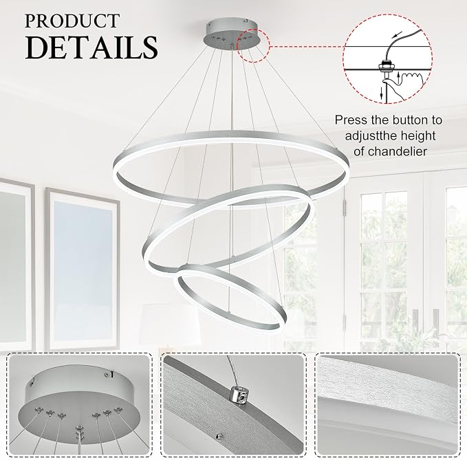 3-Rings Modern LED Chandelier Silver, Dimmable Pendant Lighting - Image 6