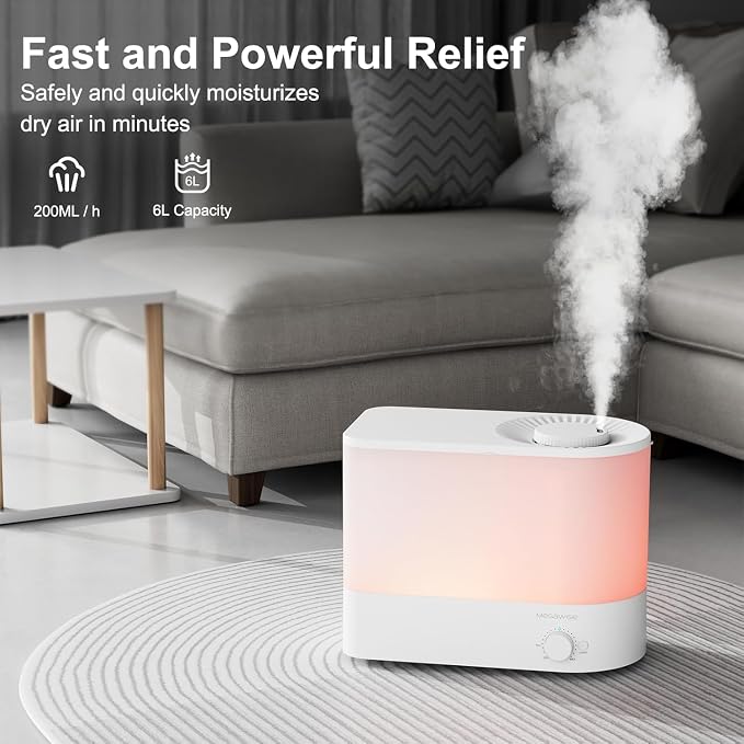 Megawise Cool Mist Ultrasonic Humidifier, Adjustable Mist Control, Quiet Operation, With a 6L top-fill tank and 50-hour runtime(White) - Image 5