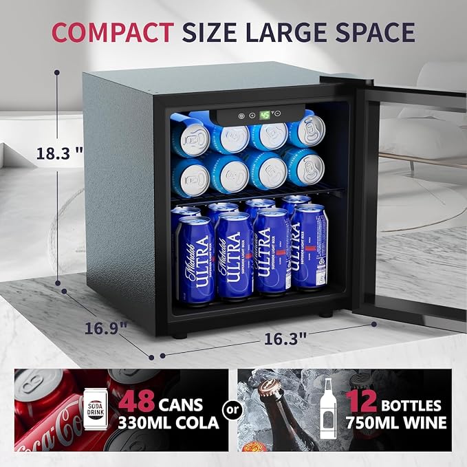 48 Can Beverage Refrigerator Cooler, Mini Fridge Glass Door with Adjustable Shelves, Freestanding Beverage Fridge with Blue LED for Home/Office/Dorm/Bar, 1.3 Cu.ft - Image 2
