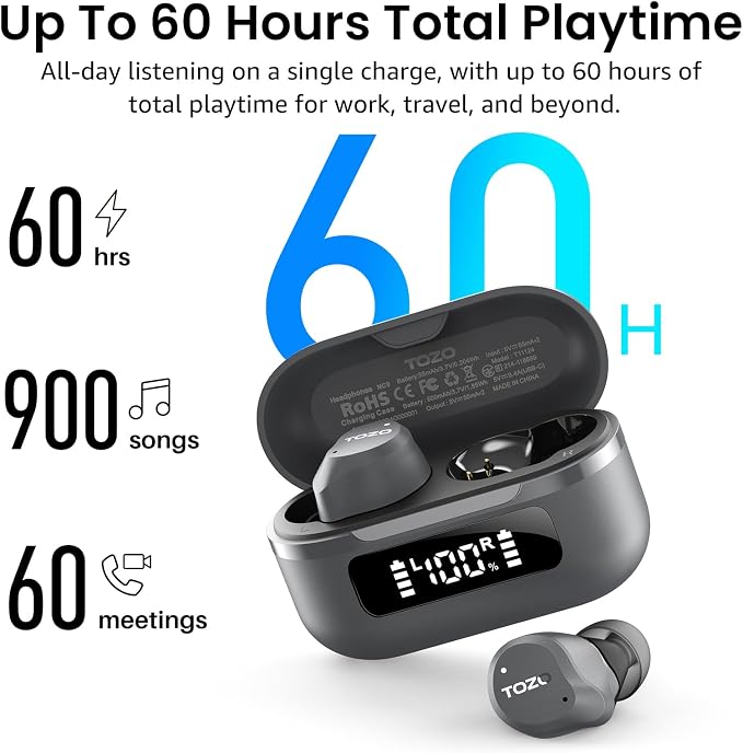 TOZO NC9 Hybrid Active Noise Cancelling Wireless Earbuds, 60H, LED Display | 6 Mic ENC Clear Calls, Deep Bass Sound, IPX8, in Ear Bluetooth 5.3 Headphones,32 EQs via APP, Comfort Fit Ear Buds, Gray - Image 4