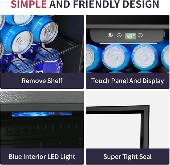 48 Can Beverage Refrigerator Cooler, Mini Fridge Glass Door with Adjustable Shelves, Freestanding Beverage Fridge with Blue LED for Home/Office/Dorm/Bar, 1.3 Cu.ft - Image 5