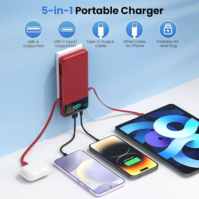 FOCHEW Portable Charger for iPhone with Built in Cables and Wall Plug,Upgraded 13800mAh Fast Charging USB C Power Bank,4 Outputs Travel Essential Battery Pack Compatible with iPhone 15/14/13/12,-Red - Image 2