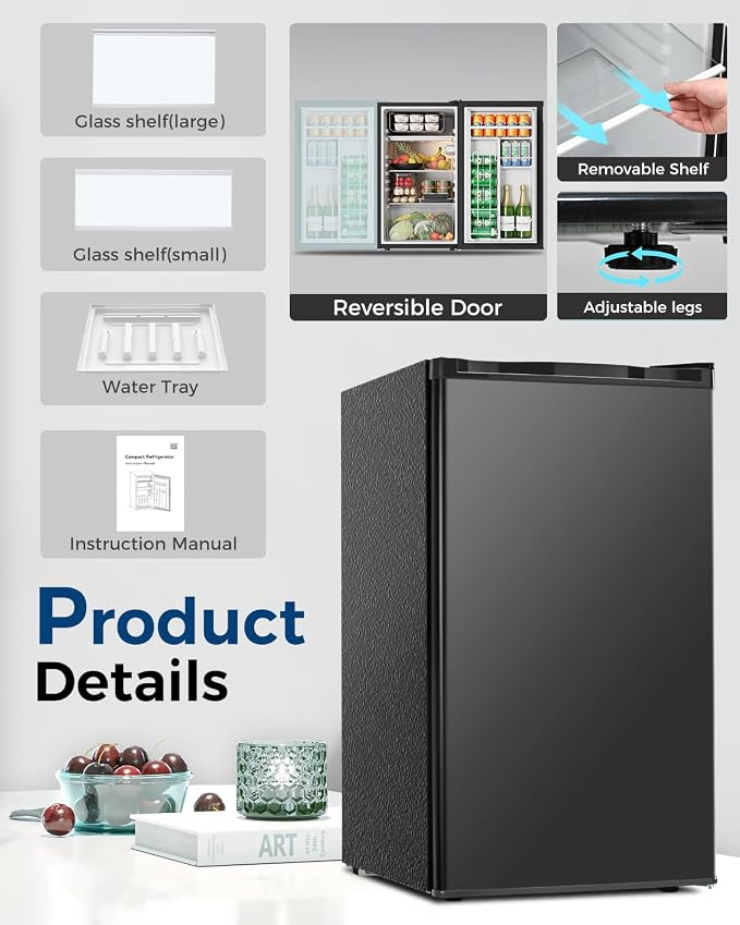 Feelfunn Mini Fridge with Freezer - 3.2 Cu.Ft Single Door Mini Refrigerator with Adjustable Thermostat, Small Fridge for Bedroom, Apartment, Dorm - Black - Image 5