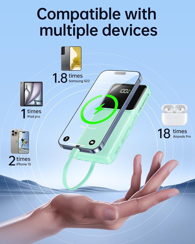 RONEGN Portable Charger with Built in Cable - Power Bank Fast Charging USB C LED Display 10000mah Battery Pack 5 Outputs & 3 Inputs for Travel Essentials iPhone Samsung Android Phones Tablets Cyan - Image 4