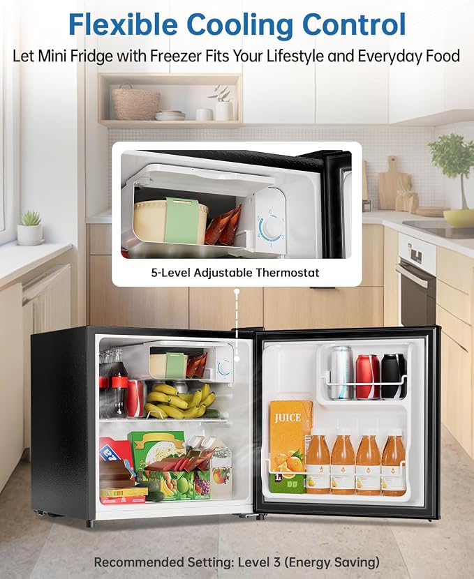 1.6 Cu Ft Mini Fridge with Freezer, Single Door Upright Freezer | 30dB Ultra Quiet, Adjustable Thermostat, Reversible Door, ETL Certified, Mini Fridge for Bedroom, Dorm & Office, Black - Image 5