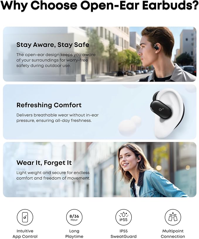 Soundcore V20i by Anker Open Ear Earbuds, Open Ear Headphones True Wireless | Adjustable Hooks, Ultra-Comfort, Snug Fit, Power Sound, Clear Calls, IP55, 36H Playtime, Bluetooth 5.4, Multipoint Connection - Image 7