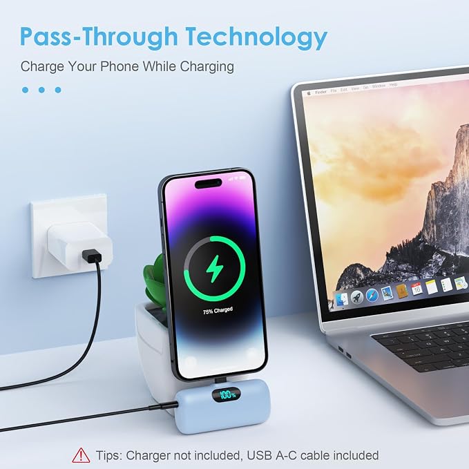 Mini Portable Charger for iPhone,Upgraded 5000mAh PD Fast Charging Battery Pack,LCD Display Cute Power Bank Portable Phone Charger for iPhone 14/14 Pro Max/13/13 Pro/12 Pro/11/XS/XR/X/8/7/6-Light Blue - Image 3