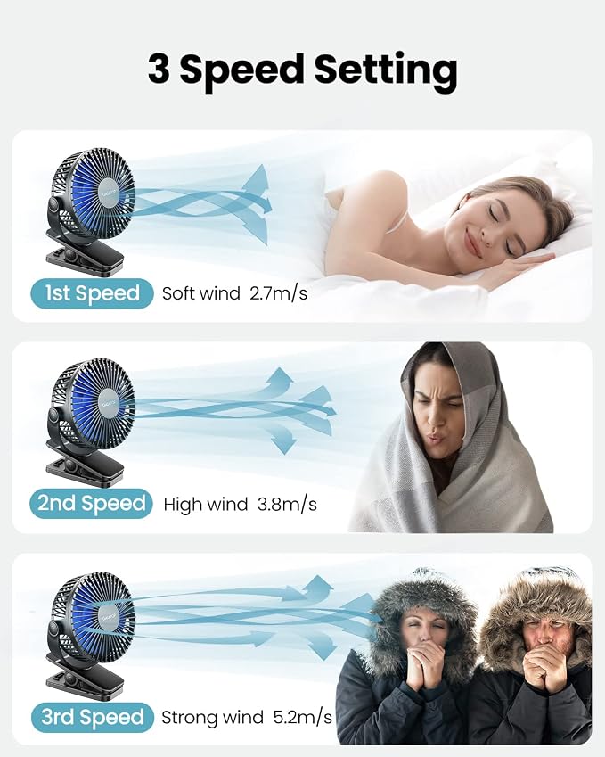 Gaiatop Portable Clip on Fan Battery Operated, Small Powerful 3 Speed Quiet 360° Rotate, USB Rechargeable Mini Personal Cooling Fan for Desk Table Home Office Stroller Camping Women Gifts Black Blue - Image 6
