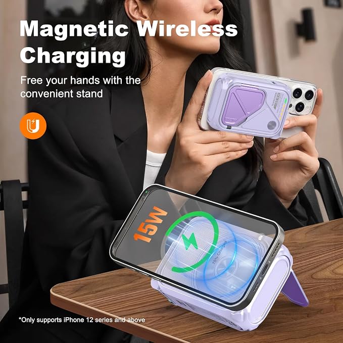 SEANCHEER P05 Portable Charger, Magnetic Power Bank, Small PowerBank, Battery Pack10000mAh Travel Essentials Fast Charging with Built in Cable, Foldable Wall Plug for iPhone,Samsung,Andriod (Purple) - Image 3