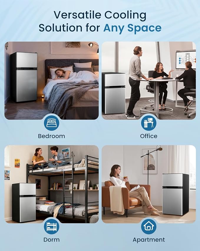 Feelfunn 3.2 Cu.Ft Mini Fridge with Freezer - 2 Door Small Refrigerator, Mini Refrigerator with Adjustable Thermostat, Removable Shelves, Mini Fridge for Bedroom, Office, Dorm, Apartment, Silver - Image 8