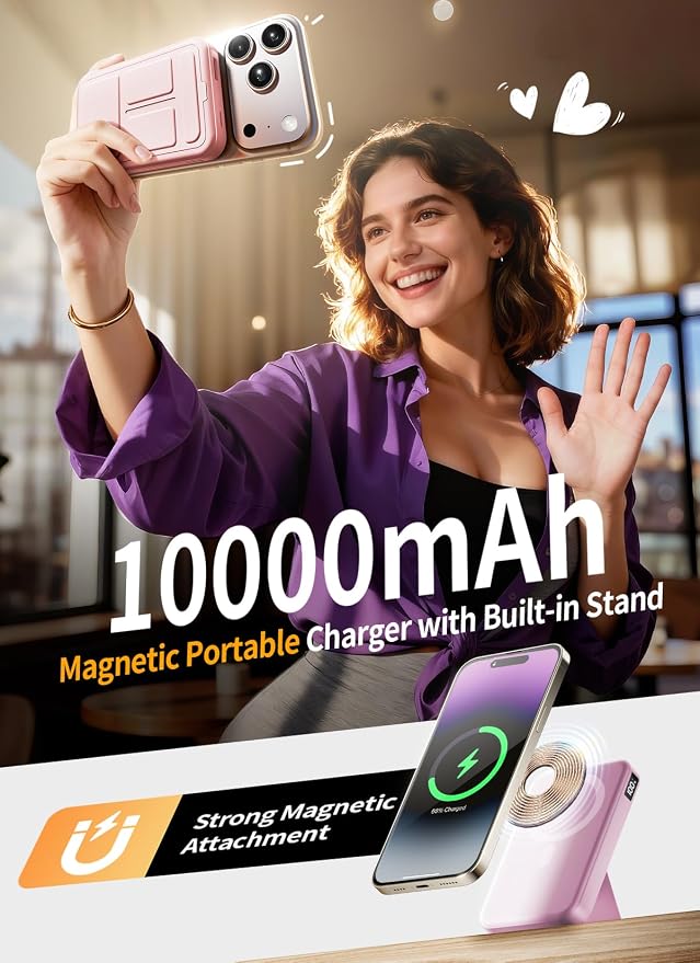 for Magsafe Battery Pack, 10000mAh Wireless Portable Charger with 20W USB-C Fast Charging, Foldable Stand & LED Display Magnetic Power Bank, Compatible with iPhone 16/15/14/13 All Series-Pink - Image 2