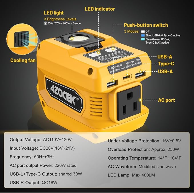 Azocek 220W Power Inverter Compatible with Dewalt 20V Battery(Battery not Included), DC 20V to AC 110V, 2 USB Ports & 1 Type-C Fast Charging, 400LM LED Work Light - Image 2