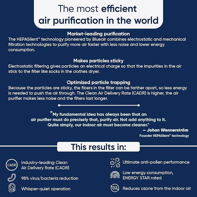 BLUEAIR Bedroom Air Purifier, Air Cleaner Dust Pet Dander Smoke Mold Pollen Bacteria Virus Allergen, Odor Removal, for Home Office Kitchen, Washable Pre Filter, HEPASilent, Medium Room, Blue 311 Auto - Image 6