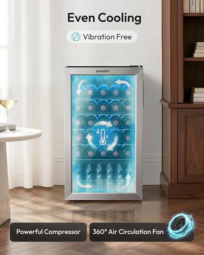 EUHOMY Wine Cooler, 128 Can Wine Fridge with Glass Door for Soda Beer or Wine, Mini Fridge for Home, Office, Bar with Removable Shelves, Silver - Image 2