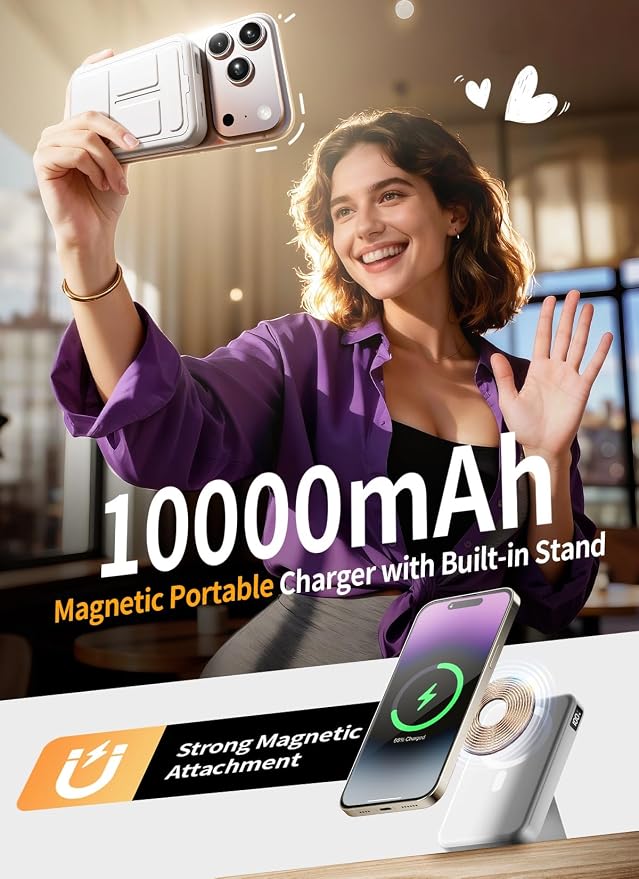 Magnetic Portable Charger, 10000mAh Power Bank with Leather Foldable Stand - Travel Essentials, USB-C 20W Fast Charging for Magsafe Battery Pack, Compatible with iPhone 17/16/15/14/13 Series - Image 2