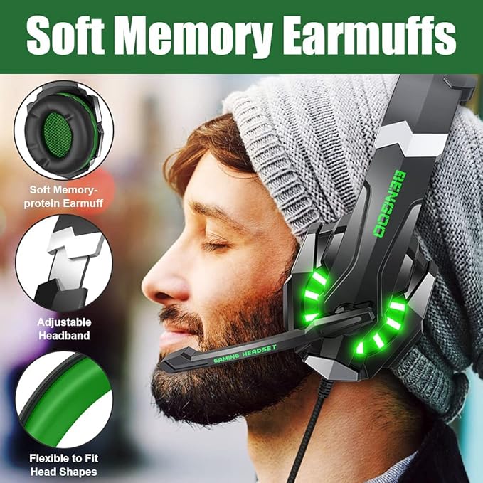 BENGOO G9000 Stereo Gaming Headset for PS4 PC Xbox One PS5 Controller, Noise Cancelling Over Ear Headphones with Mic, LED Light, Bass Surround, Soft Memory Earmuffs for Laptop Mac - Green - Image 3