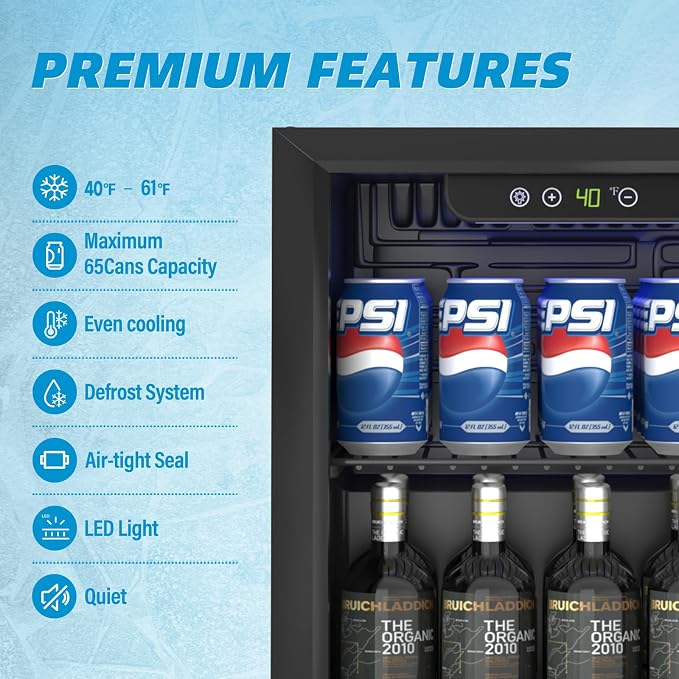 Erivess Mini Fridge 60 Can Beverage Refrigerator Cooler Glass Door for Soda | 1.3 Cu Ft Drink Fridge for Home/Bar/Office with LED Display, Digital Temperature Control, Removable Shelves for Wine, Black - Image 2