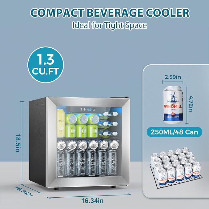 Electactic 48 Can Beverage Refrigerator,12 Bottle Wine Cooler with Stainless Steel Glass Door, Digital Temperature Display, Countertop Mini Fridge for Soda, Wine or Beer, Silver - Image 2