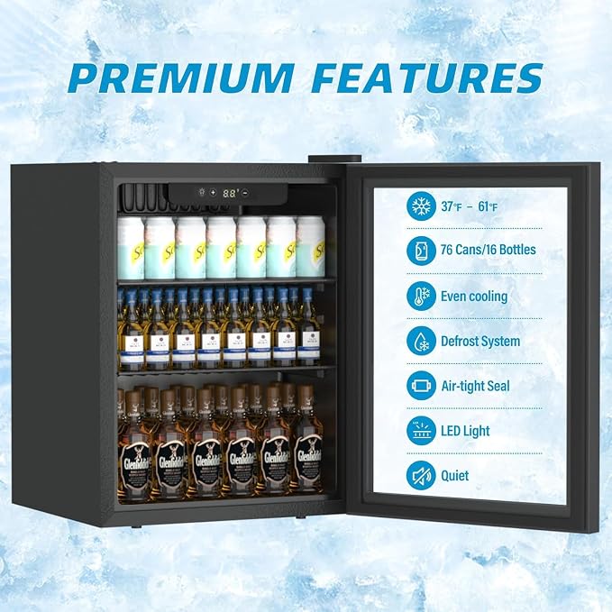 Stopasd Beverage Refrigerator Cooler, 1.6 Cu.Ft/70 Can Drink Fridge with Adjustable Shelves & Glass Door for Soda Wine Beer, Quiet Undercounter Small Fridge for Home/Office/Bar/Garage(37°-61℉), Black - Image 5