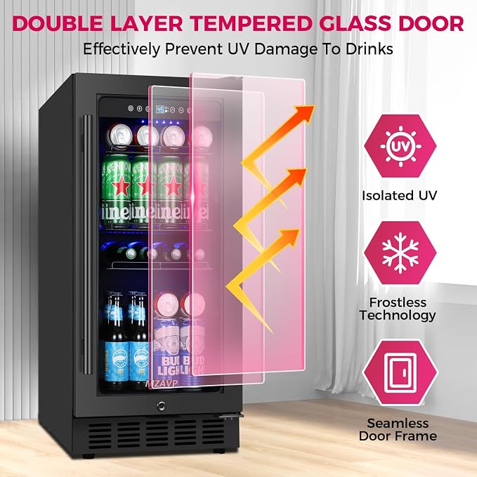 15 Inch Beverage Cooler Refrigerator, 15" Beverage Cooler Under Counter 130 Cans Beverage Fridge with Glass Door, Freestanding or Built-In Mini Drinks Fridge with Lock for Soda, Beer, Black - Image 5