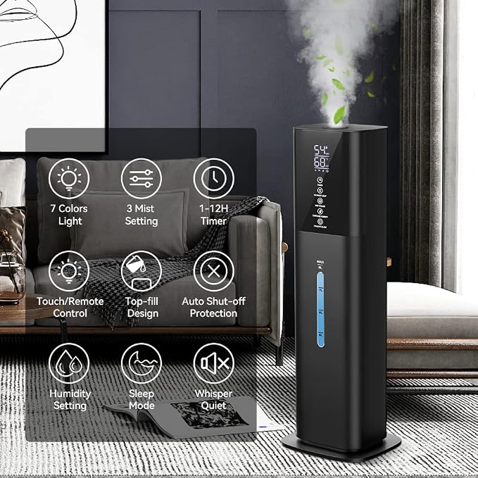 Humidifiers Large Room Bedroom with 7 Colors Light, 2.1Gal(8L) 3 Speed Quiet Ultrasonic Cool Mist Humidifier with 360° Nozzle, Humidity Setting, Timer,Aroma Box for Home Plant Baby Yoga Sleep (Black) - Image 3