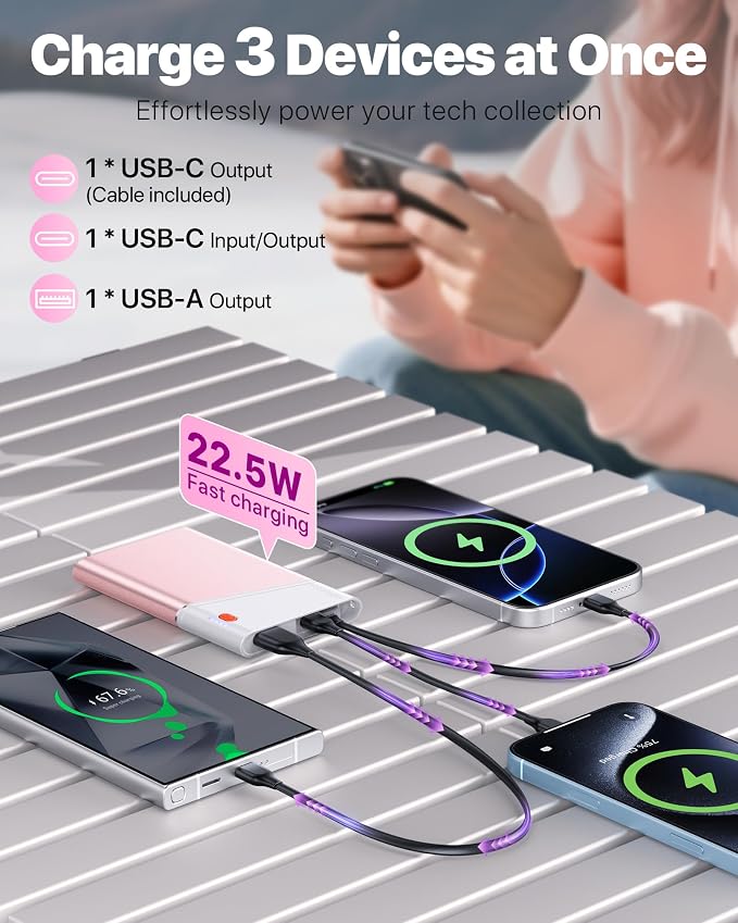 Aaoyun Portable Charger Power Bank, 10000mAh 22.5W PD Fast Charging Powerbank with Built-in USB C Cable, Slim External Phone Battery Pack for iPhone 17/16/15 Samsung S24 Android etc (Pink) - Image 3