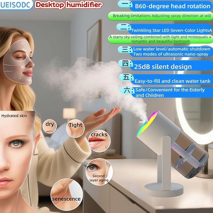 UEISODC bedroom humidifier, desktop USB humidifier, car air freshener, relieves tight skin, cough, nasal congestion, allergies and dry air，With automatic shutdown, silent operation - Image 2