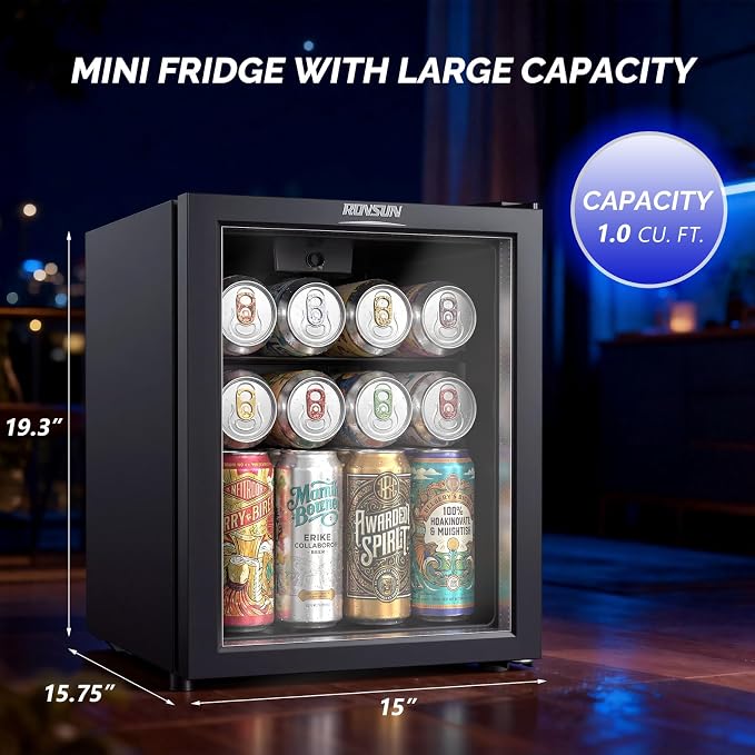 ROVSUN 1.0 Cu.Ft. Beverage Refrigerator Cooler-46 Cans, Mini Fridge with Glass Door, Quiet Compressor, LED Light, 43–64°F Adjustable Temperature, Freestanding Small Fridge for Home Office and Bedroom - Image 6