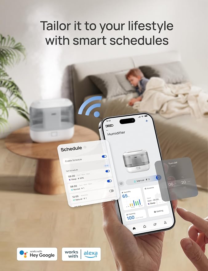 Dreo Smart Humidifiers for Bedroom, Top Fill 4L Supersized Humidifier Large Room with 28 dB, 36H Runtime, Touch/APP/Voice Control, Nightlight, Cool Mist Humidifiers for Baby, Plants, Indoor, Grey - Image 6