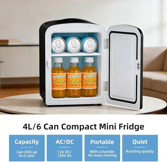 Antarctic Star 4L/6 Can Portable Mini Fridge,Personal Compact Refrigerator,Small Cooler for Food,Drinks or Skin Care, AC/DC for Bedroom, Car, Office & Dorm, Black - Image 2