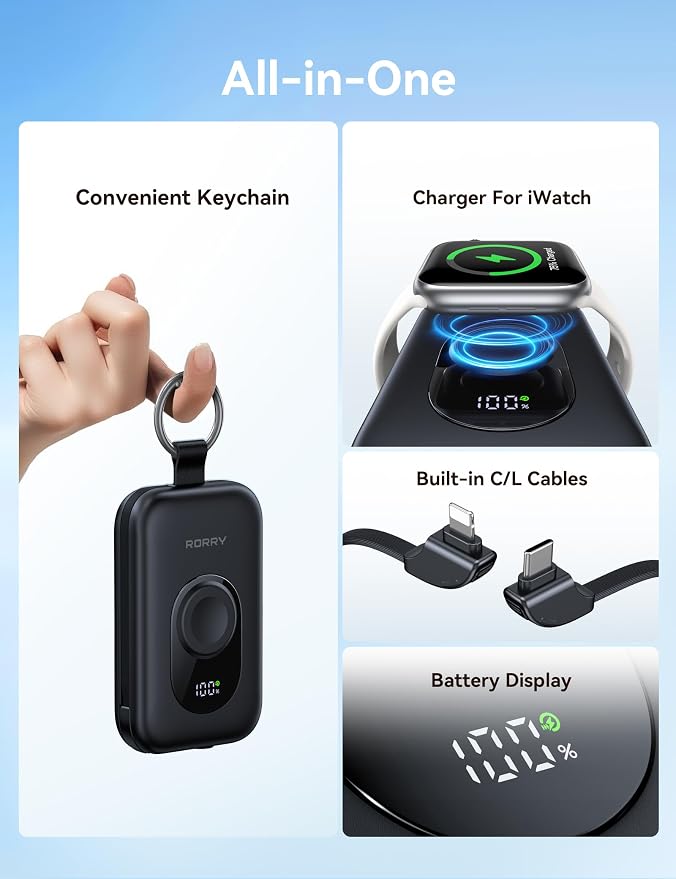 RORRY Portable Charger, 20000mAh PD 30W Portable Charger Power Bank with 2 Built-in Cables, Super Fast Charging Battery Pack with Keychain, Travel Essentials for iPhone, Apple Watch, iPad, Green - Image 2