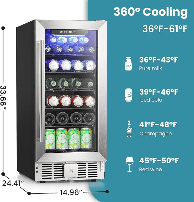 Antarctic Star 115 Can Beverage Refrigerator Cooler, 2.9 Cu.Ft Mini Fridge with Safety Lock, Beverage Cooler with Glass Door/LED Light/Adjustable Removable Shelves for Home/Office/Bar(Stainless Steel) - Image 7