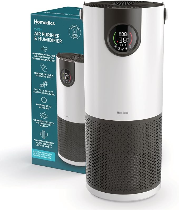 Homedics 2-in-1 Air Purifier & Evaporative Humidifier for Large Rooms HEPA Air Cleaner, Filtered Humidification, Digital Air Quality Sensor, Auto Mode, Tower Design for Home, No Visible Mist by Homedics