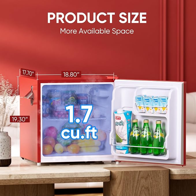 Upstreman 1.7 Cu.Ft Retro Mini Fridge, Low Noise, Energy Saving, Adjustable Thermostat, Single Door, Side Bottle Opener, Metal Handle, Compact Refrigerator for Office, Bedroom, Dorm-FR17 PRO (Red) - Image 2