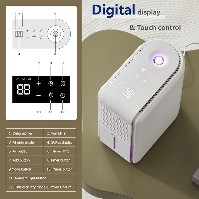 3 in 1 Dehumidifier, Humidifier & Aroma Diffuser with Air Combo One - 39Oz, Small Auto Purifier Humidity Control Quiet 27db Multifuctional Colorful Mist,for Bedroom/Bathroom/Bome/Basement(350 sq.ft) - Image 6