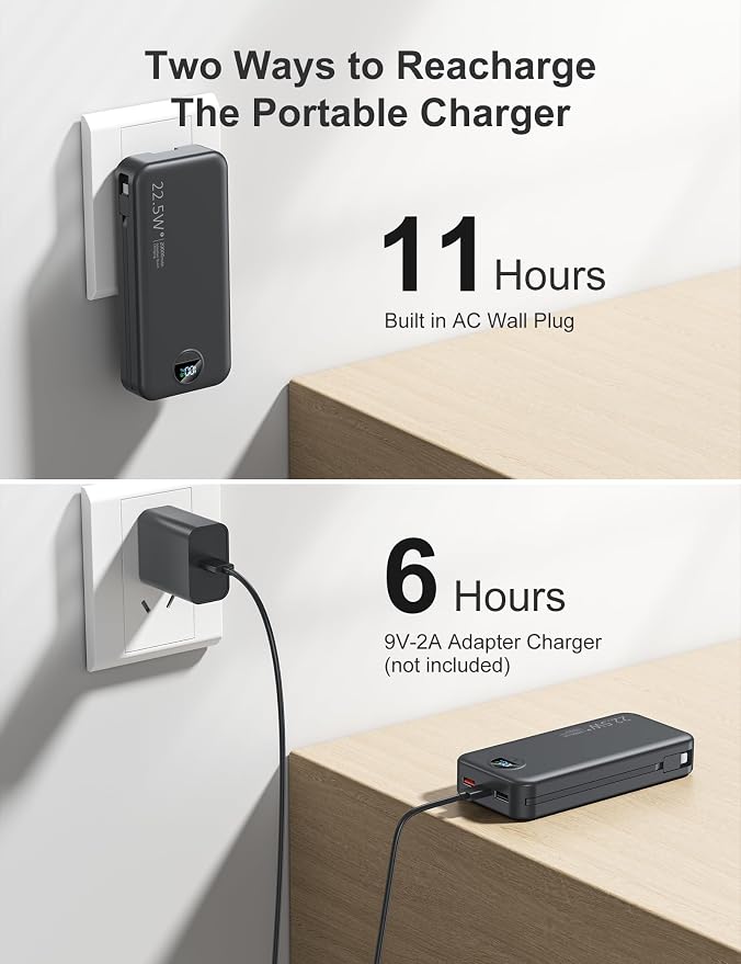 20000mAh Ultra-Portable-Charger-Power-Bank with Built in Cables&AC Wall Plug,PD20W USB-C Fast Charging Cell Phone Charger Battery Pack,LED Display Travel Battery Bank for All iPhone,Samsung,Android - Image 5