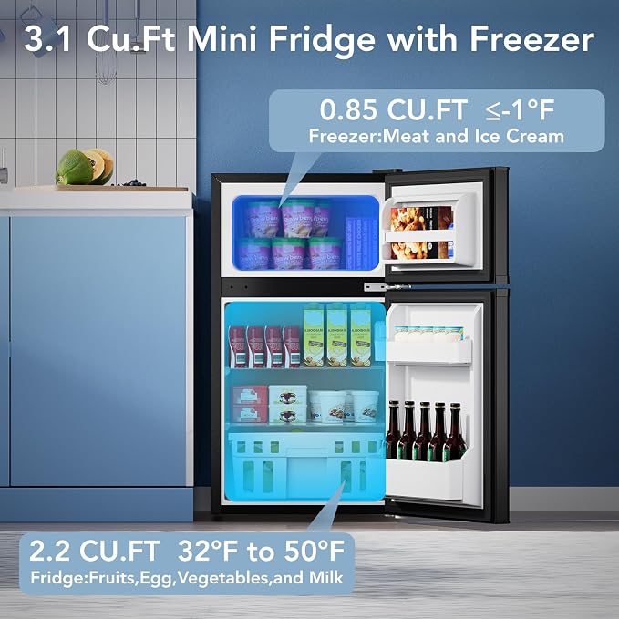 Electactic 3.1 Cu.Ft Mini Fridge with Freezer for Bedroom Office, Black | 2 Reversible Door, Removable Glass Shelves, Adjustable Thermostat, Energy Efficient Compact Small Refrigerator for Dorm - Image 2