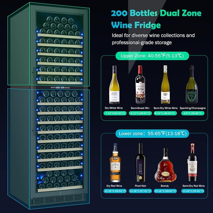 200 Bottle Dual Zone Wine Fridge – 24 Inch Large Capacity Wine Cooler Refrigerator Freestanding/Built-In with Upgraded Compressor, Low-Noise Wine Cellar & Intelligent Temperature Control - Black - Image 4