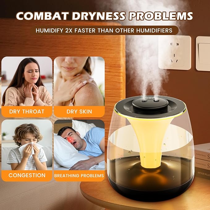 Humidifiers for Bedroom, 3 L Cool Mist Top-Fill 40H Super Long Time, 23dB Quiet, Baby Humidifier, Oil Diffuser for Large Room, Plants, Nursery, Office, Colored lights (black) - Image 6