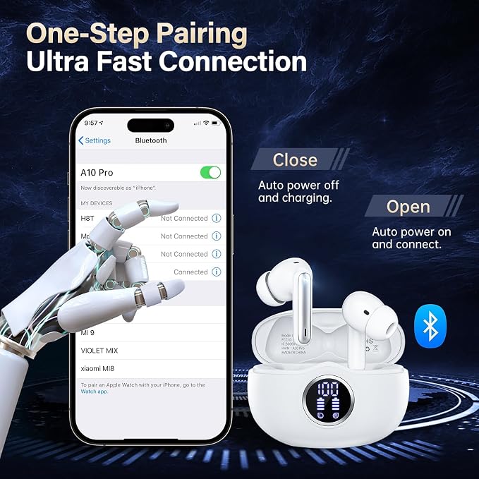 Wireless Earbuds, Bluetooth 5.3 Headphones HiFi Stereo 50H Playback LED Digital Display Ear Buds with ENC Noise Canceling Headset, IPX7 Waterproof Earphones for Gym/Running/Work（White） - Image 6