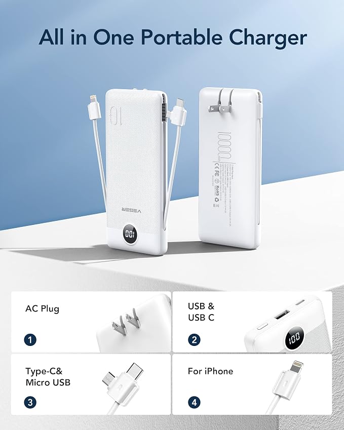 VEGER Portable Charger with Built-in AC Plug and Cables, All in One 10000mAh Ultra Slim Power Bank Travel Essentials, Fast Charging Battery Pack Compatible with iPhone, Samsung, Android (White) - Image 2