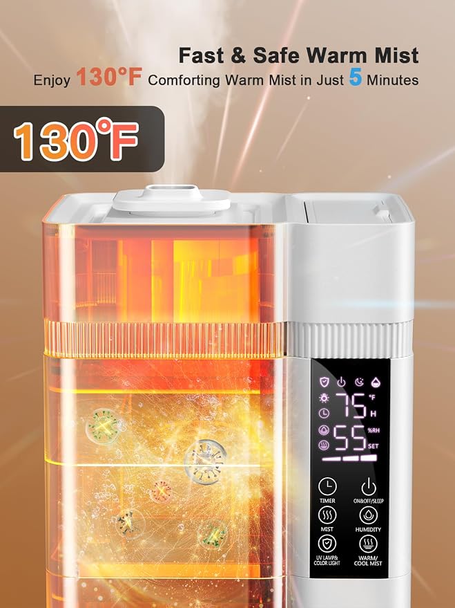 13L/3.4Gal Humidifiers for Bedroom, Ultrasonic Warm & Cool Mist Humidifier Large Room, Covers 800ft², 72H Runtime, 24H Timer, 3 Mist Modes Top Fill Quiet Humidifiers for Home, Office, White - Image 3